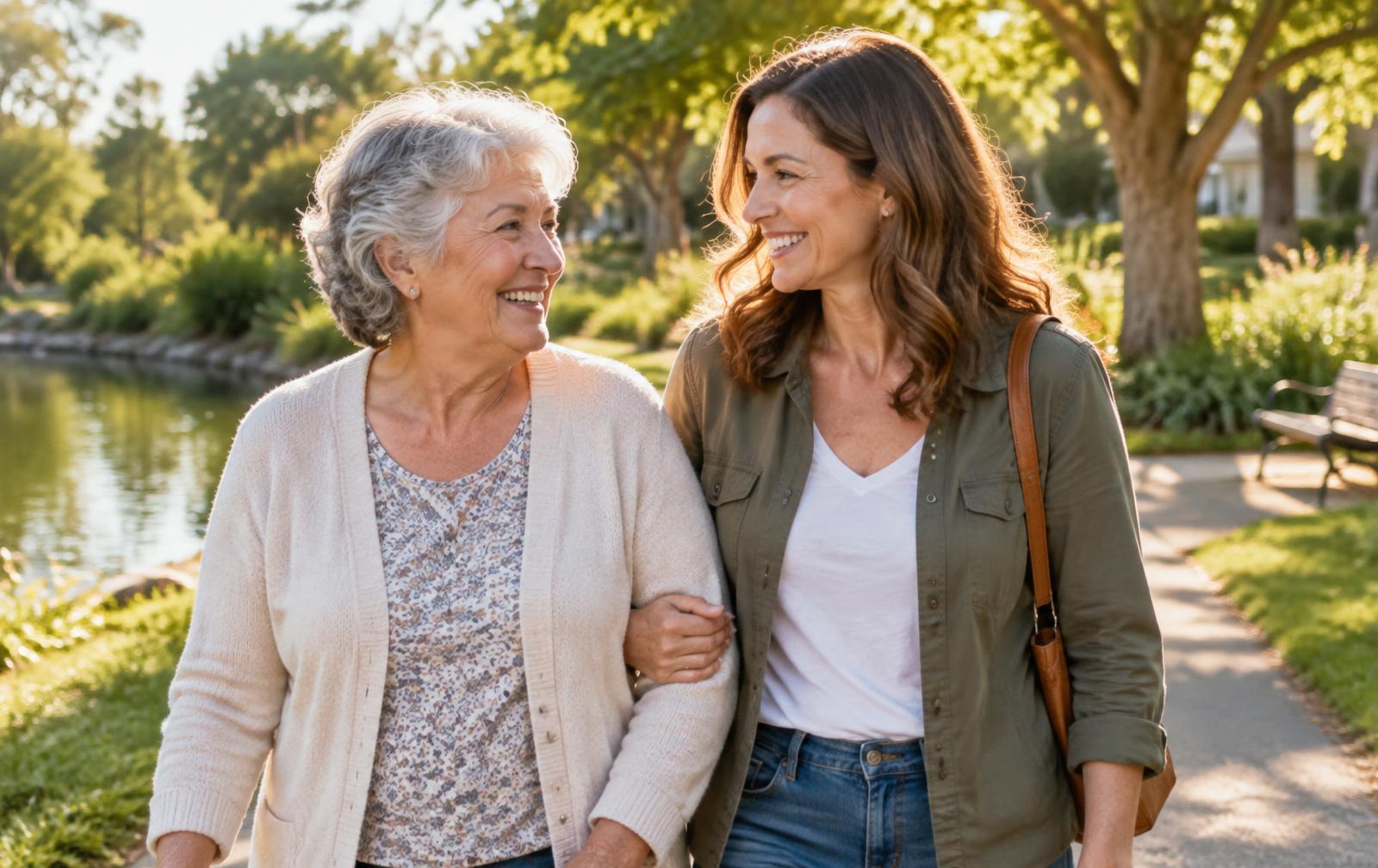A grandmother and her adult daughter walking together in a sunny park