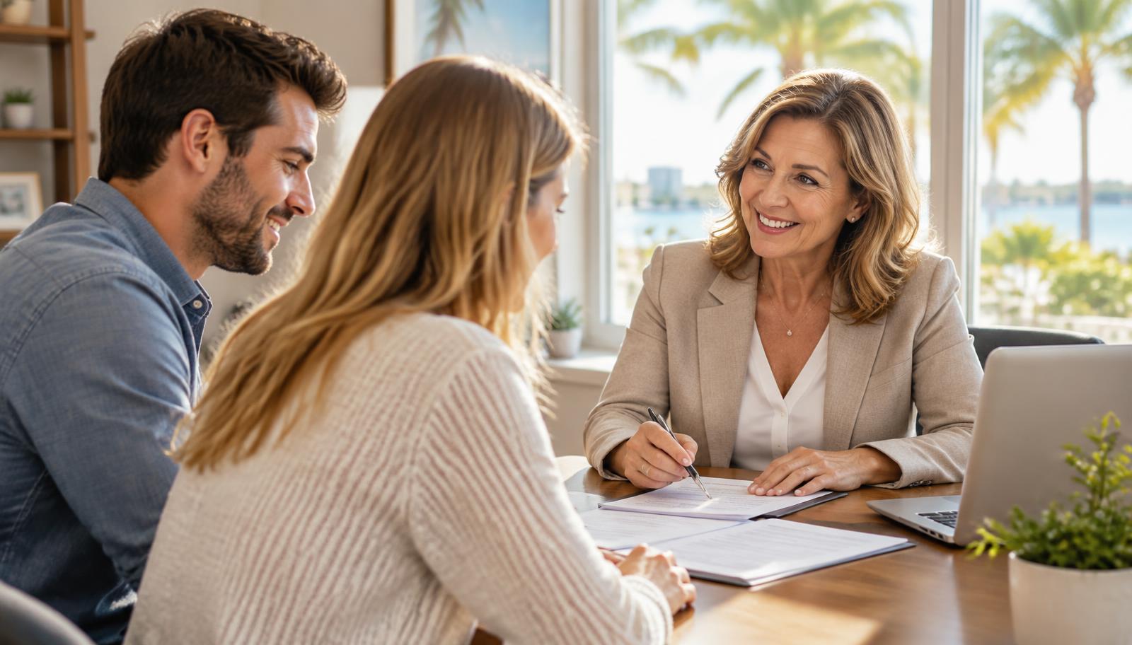 A licensed agent walking a young couple through their plan options at a sunlit table