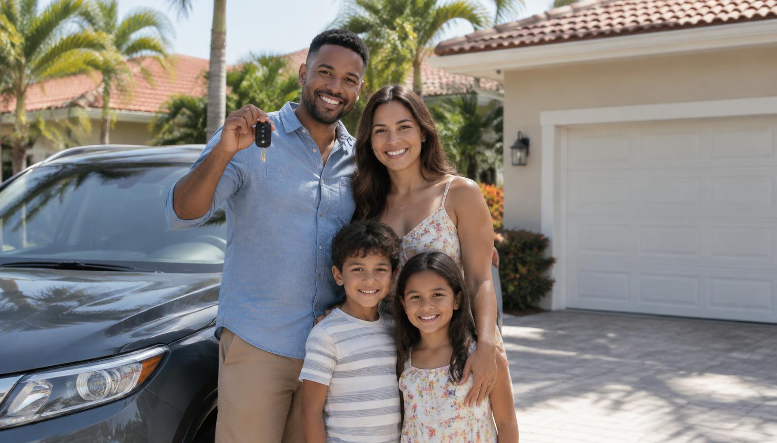 A family standing beside their car in a sunny driveway, keys in hand