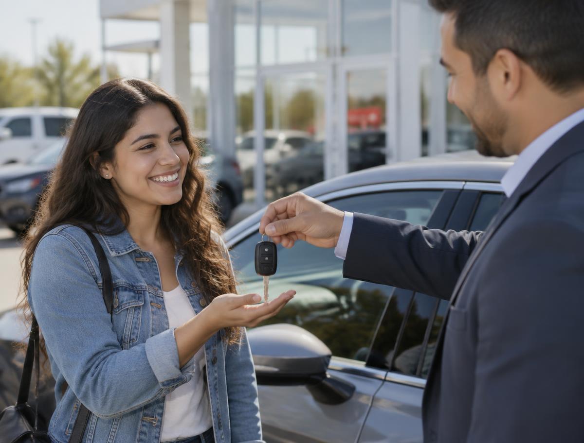 A woman receiving the keys to her new car from a dealership salesperson