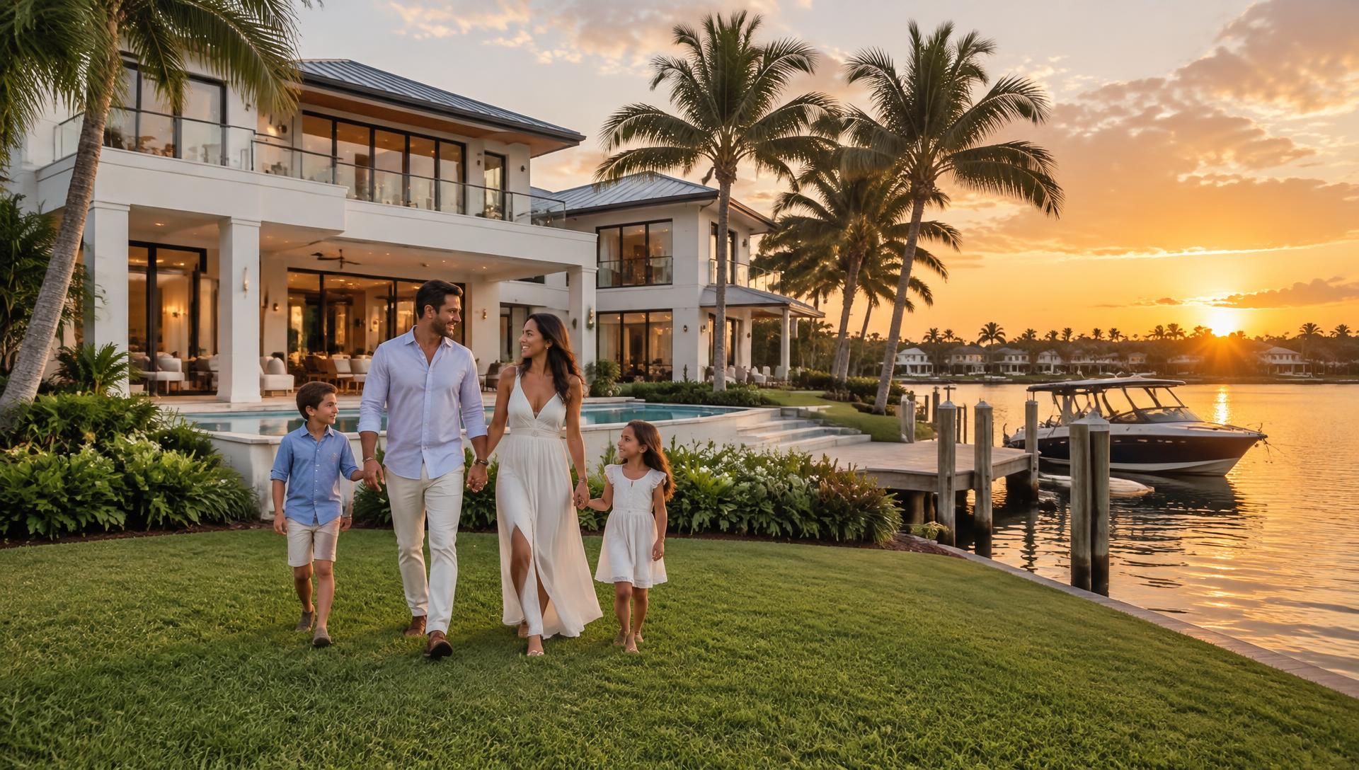 A family walking across the lawn of their waterfront home at sunset