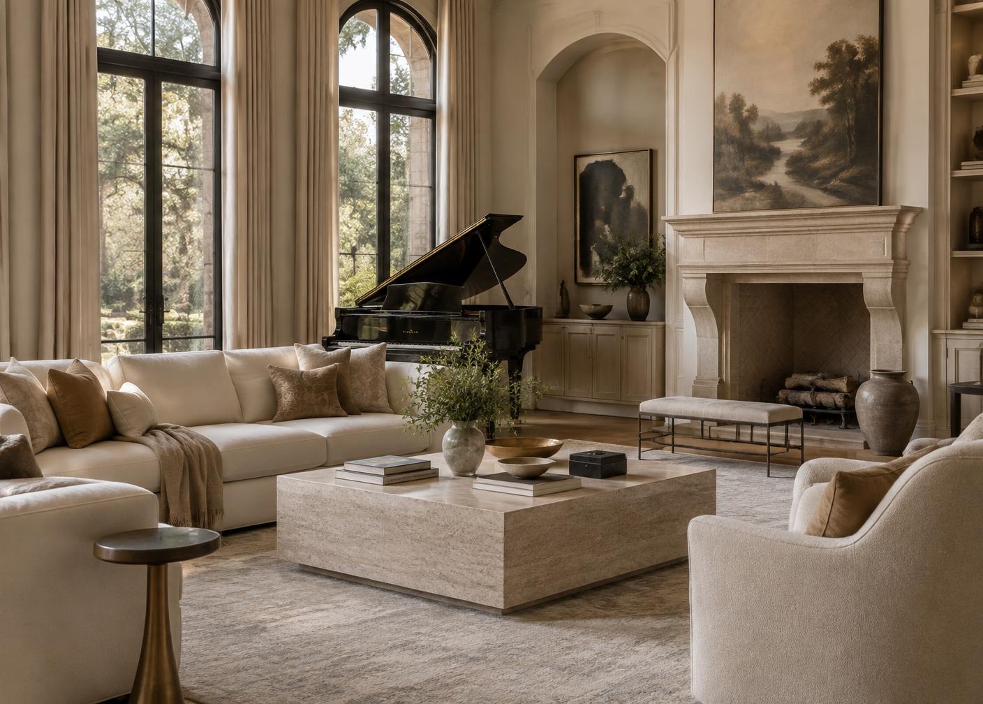 The living room of a high-end home with tall windows and custom finishes
