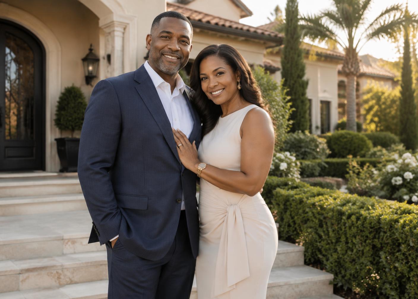 A couple standing on the front steps of their estate home