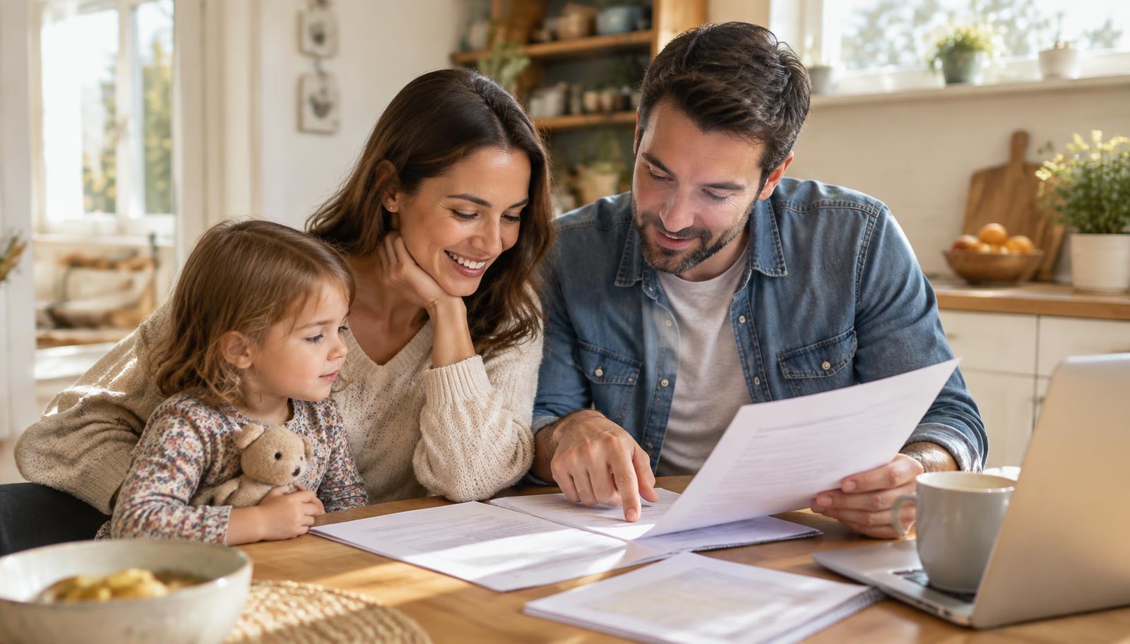 A family reviewing health plan paperwork at their kitchen table